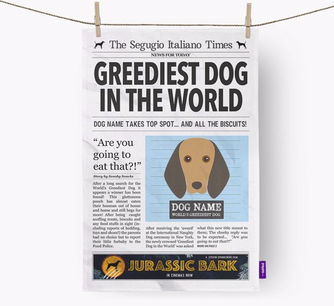 The {breedShortName} Times 'Greediest Dog In The World' Personalised Tea Towel